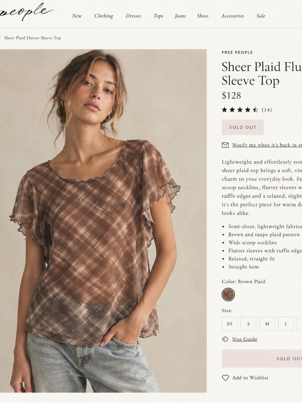 Free People Brown Plaid Sheer Flutter Sleeve Top